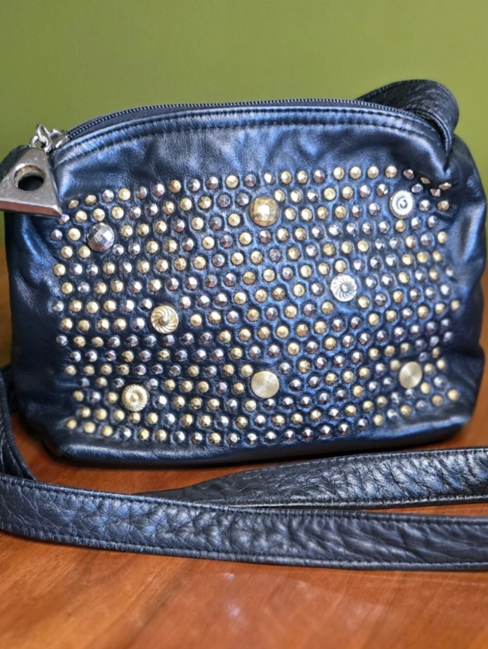 Vintage 80s Leather Rhinestone Studded Crossbody Bag Dawli